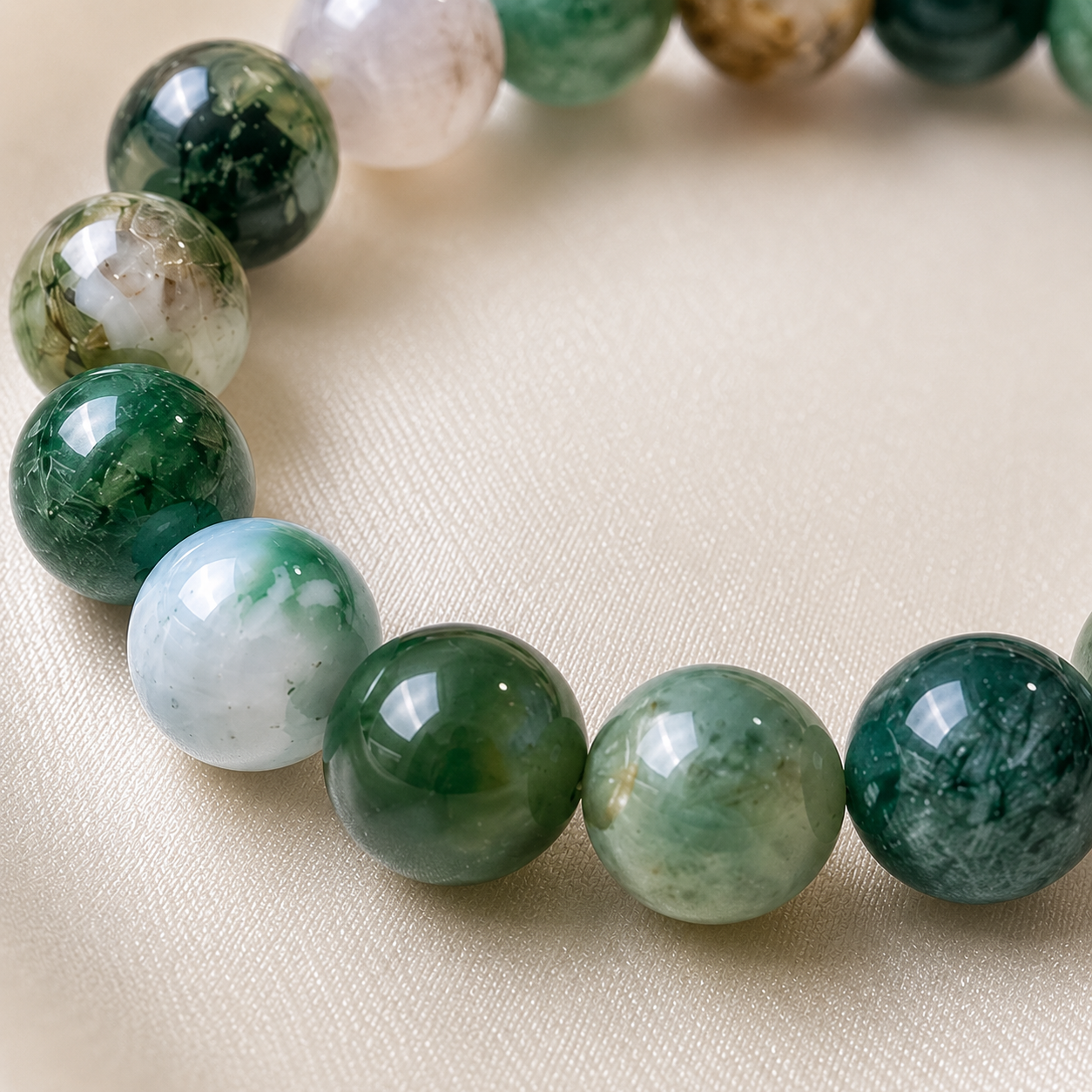 Moss Agate Round Bead Bracelet