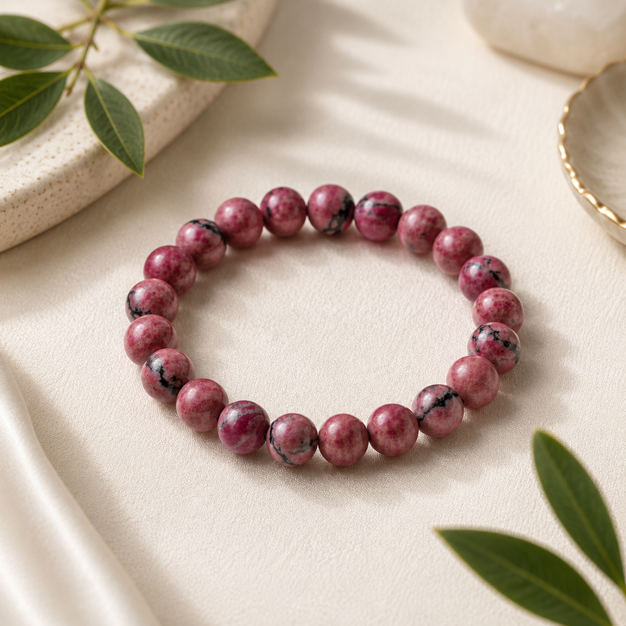 Rhodonite Round Bead Bracelet