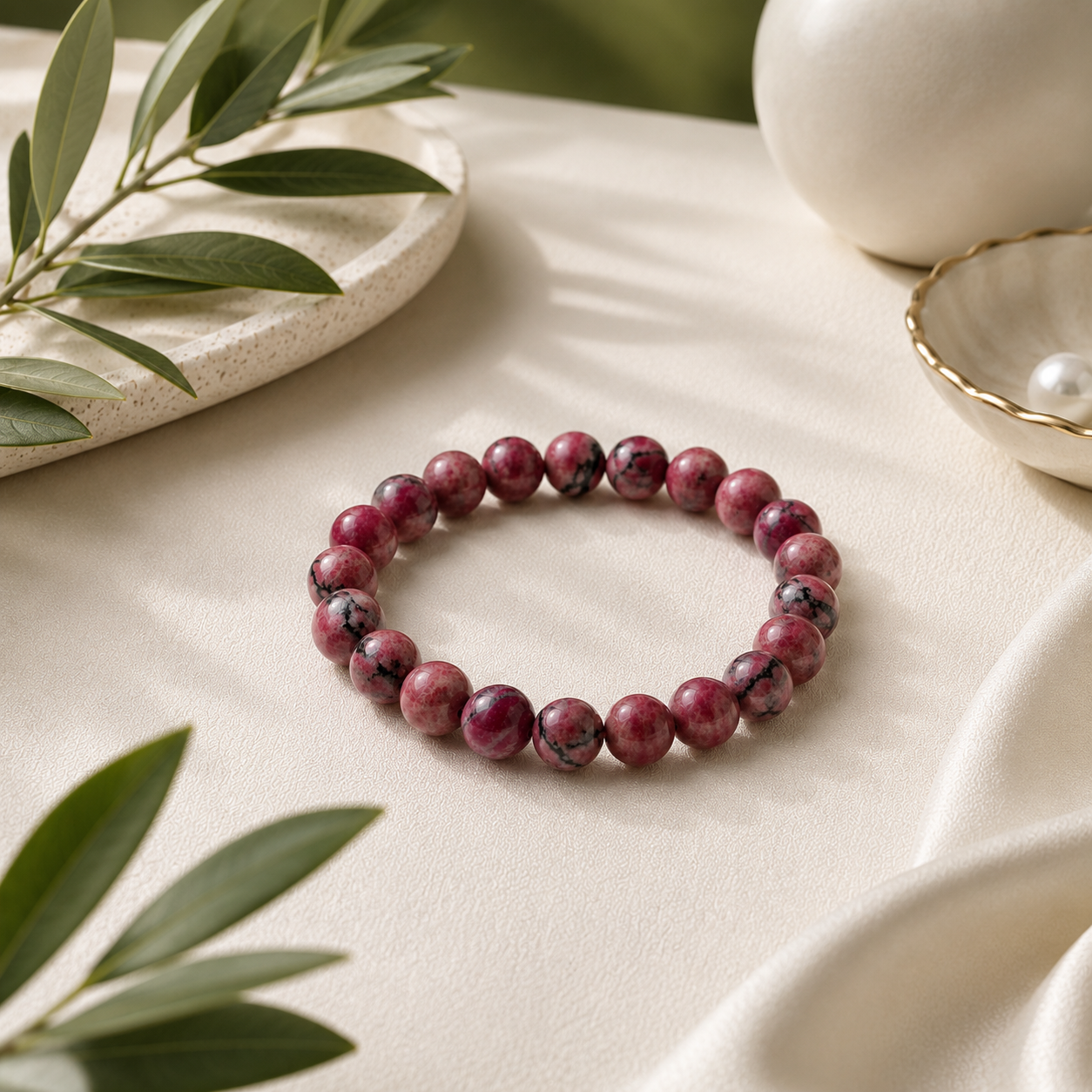 Rhodonite Round Bead Bracelet