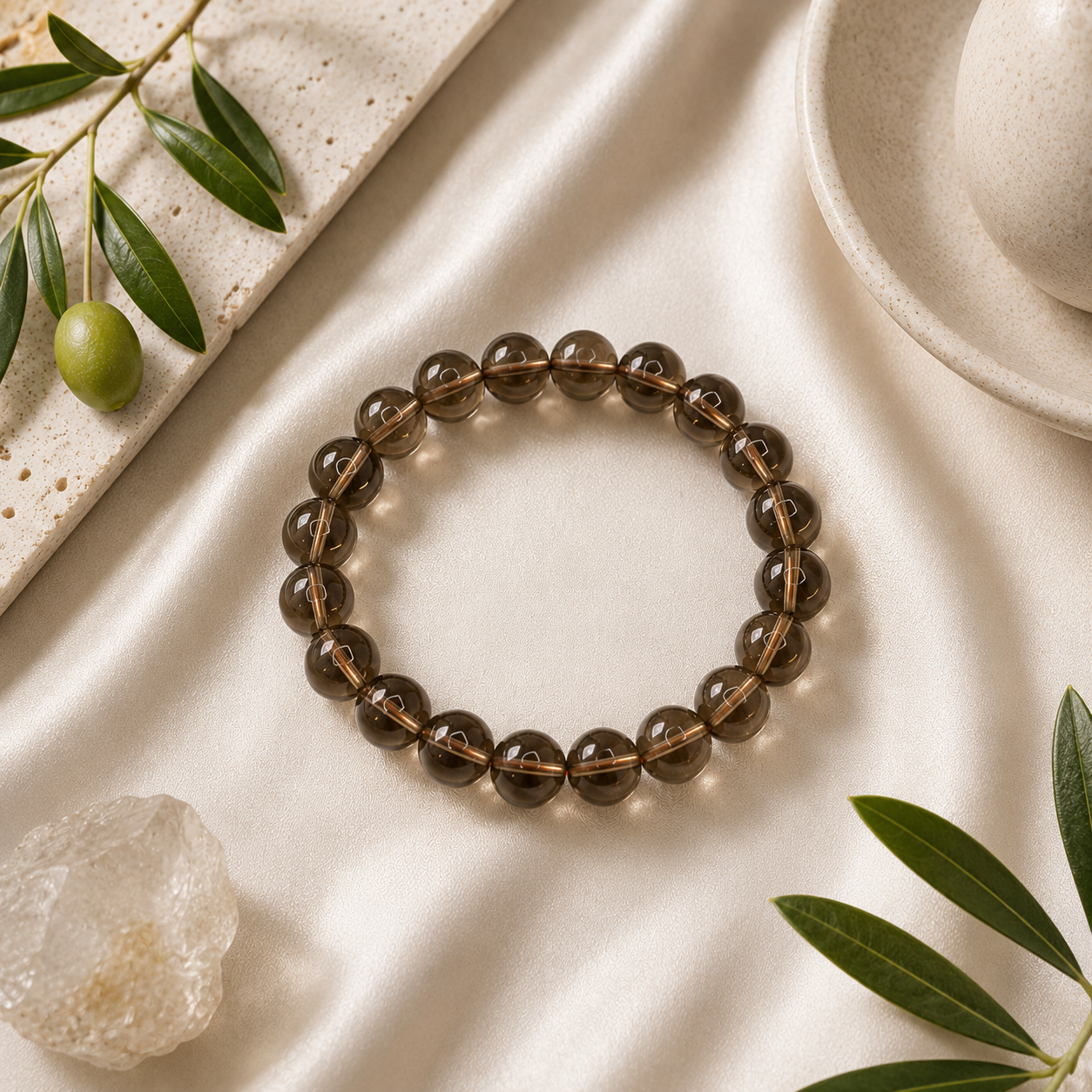 Smoky Quartz Round Bead Bracelet