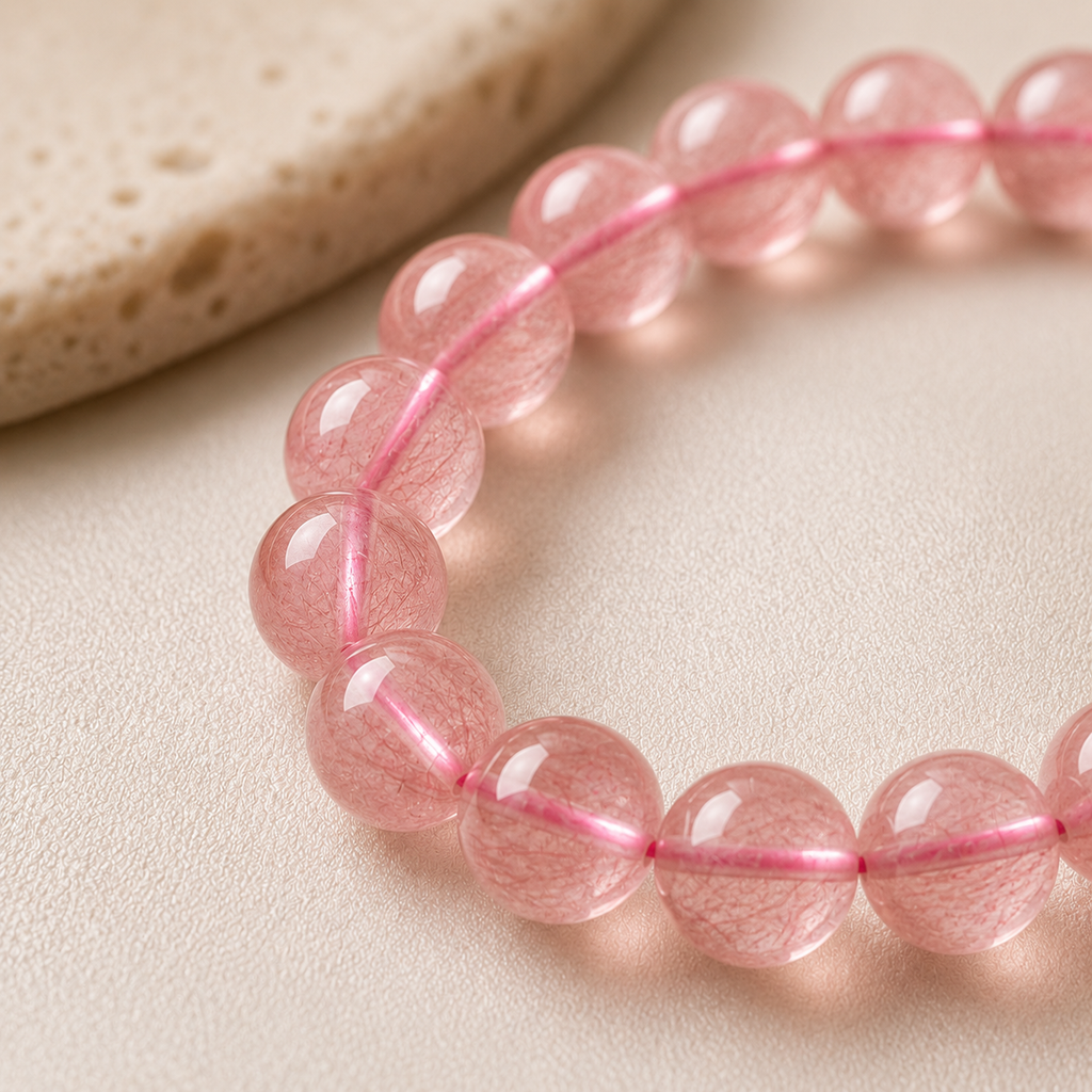 Strawberry Quartz Round Bead Bracelet