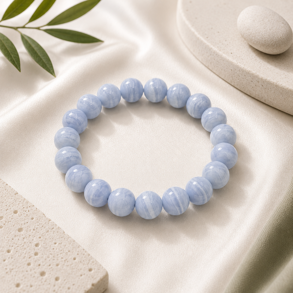 Blue Lace Agate Round Bead Bracelet