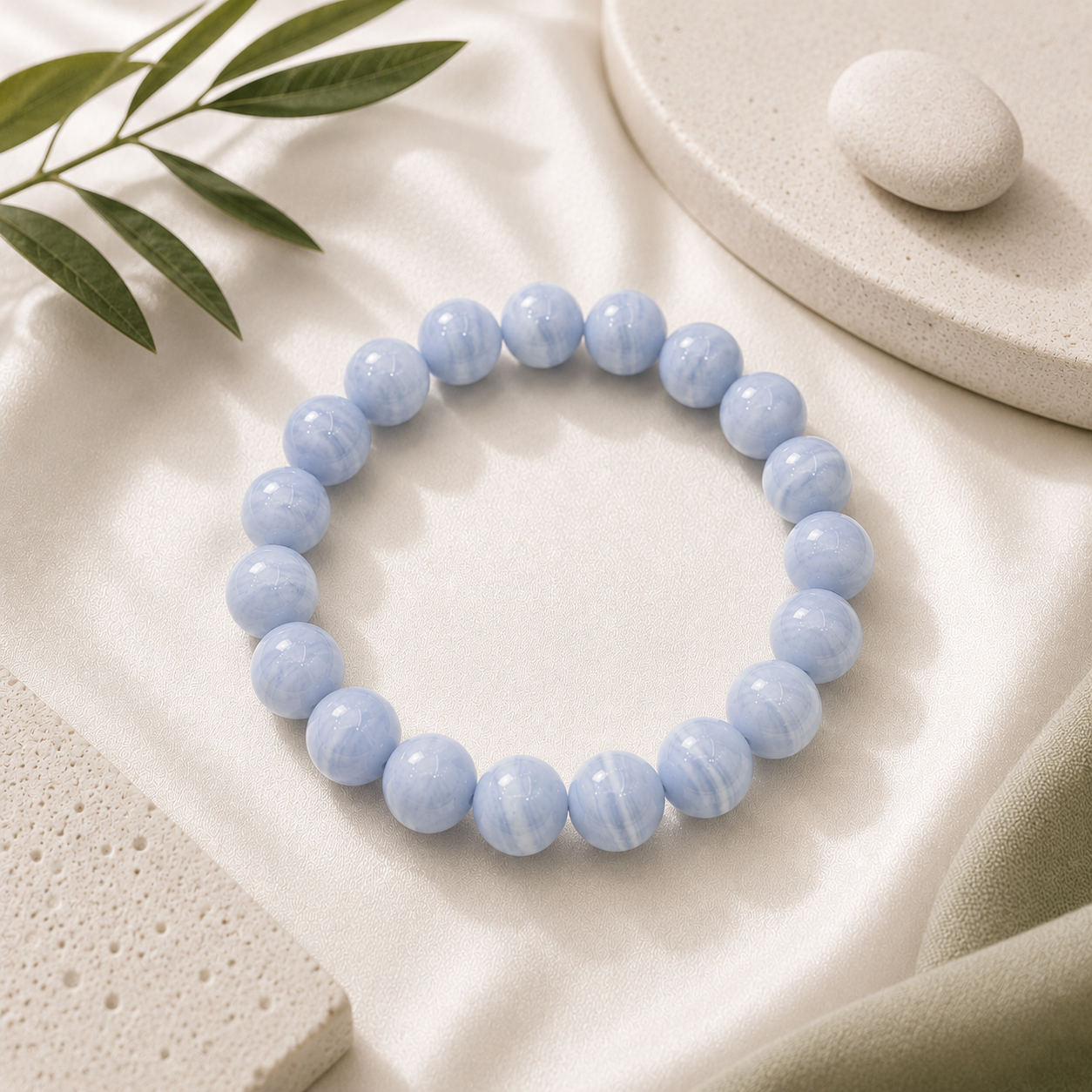 Blue Lace Agate Round Bead Bracelet