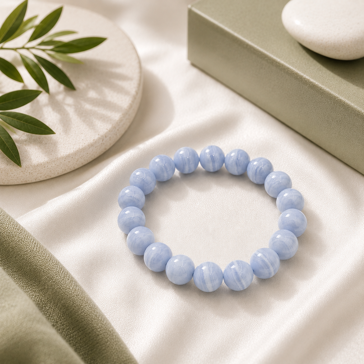 Blue Lace Agate Round Bead Bracelet