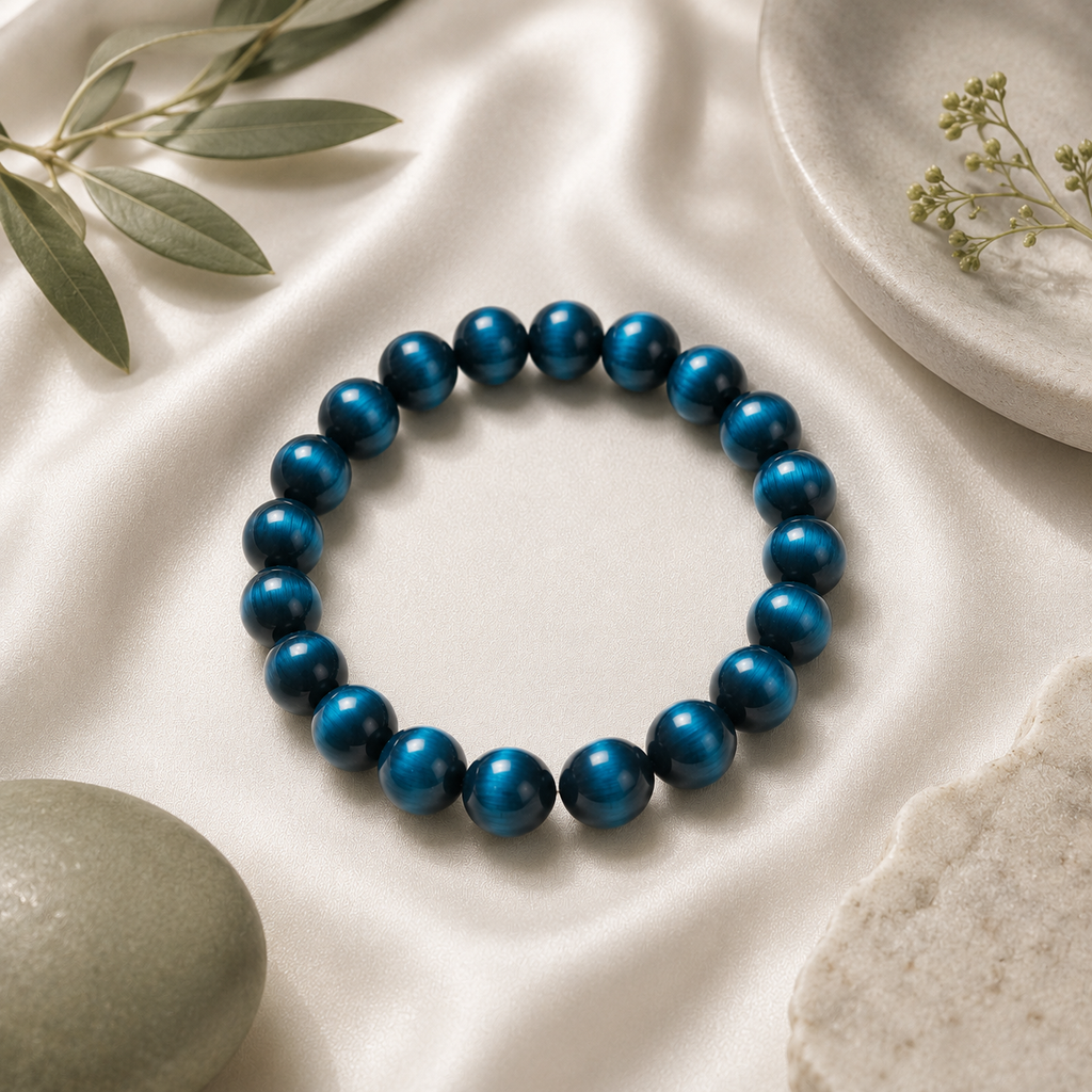 Blue Tiger Eye Round Bead Bracelet