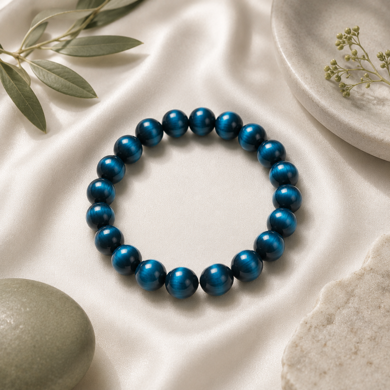 Blue Tiger Eye Round Bead Bracelet