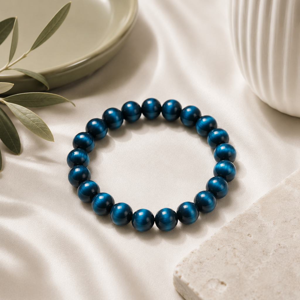 Blue Tiger Eye Round Bead Bracelet