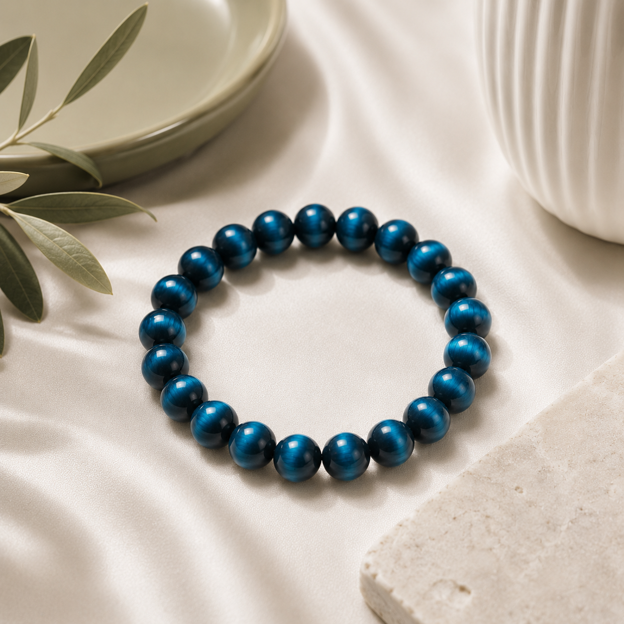 Blue Tiger Eye Round Bead Bracelet
