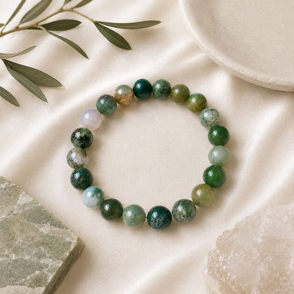 Moss Agate Round Bead Bracelet