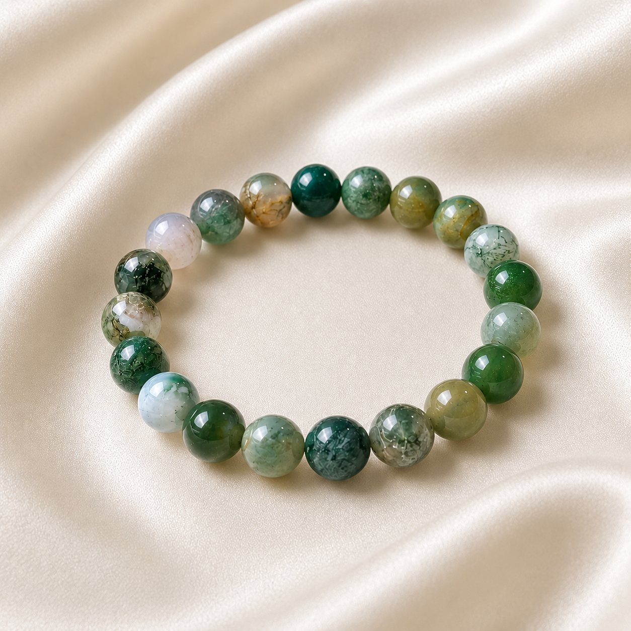 Moss Agate Round Bead Bracelet
