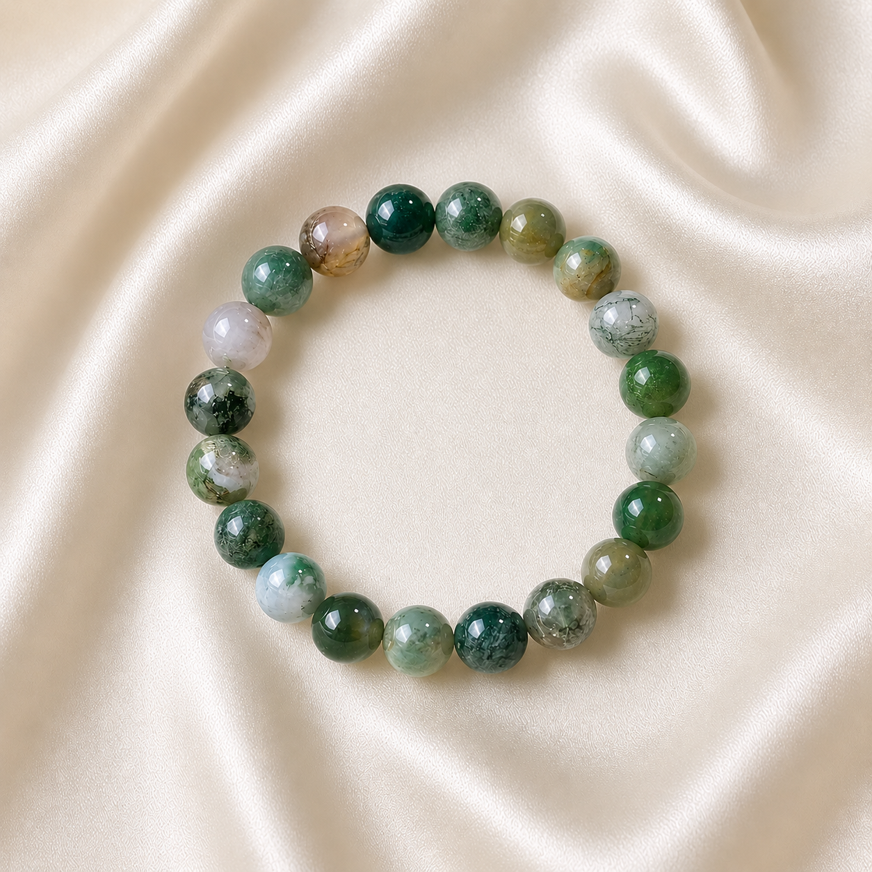 Moss Agate Round Bead Bracelet