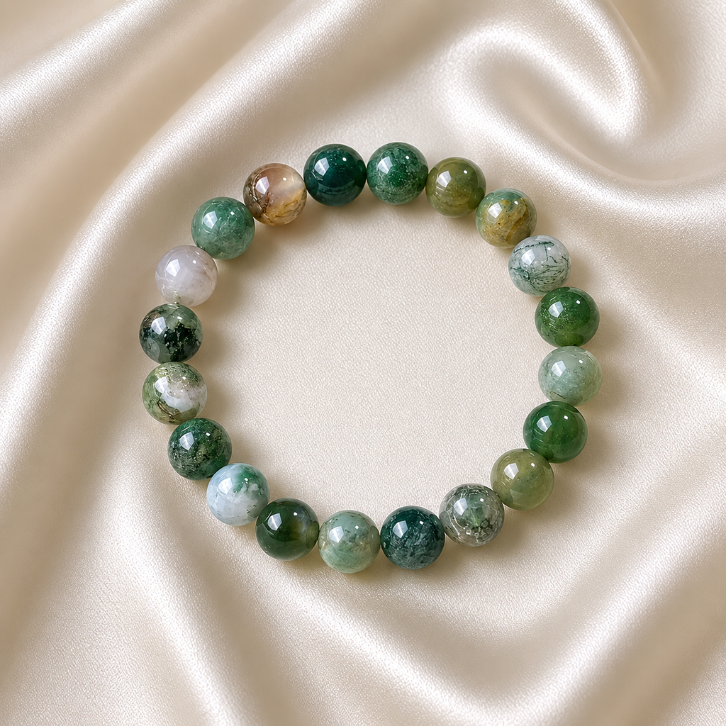 Moss Agate Round Bead Bracelet