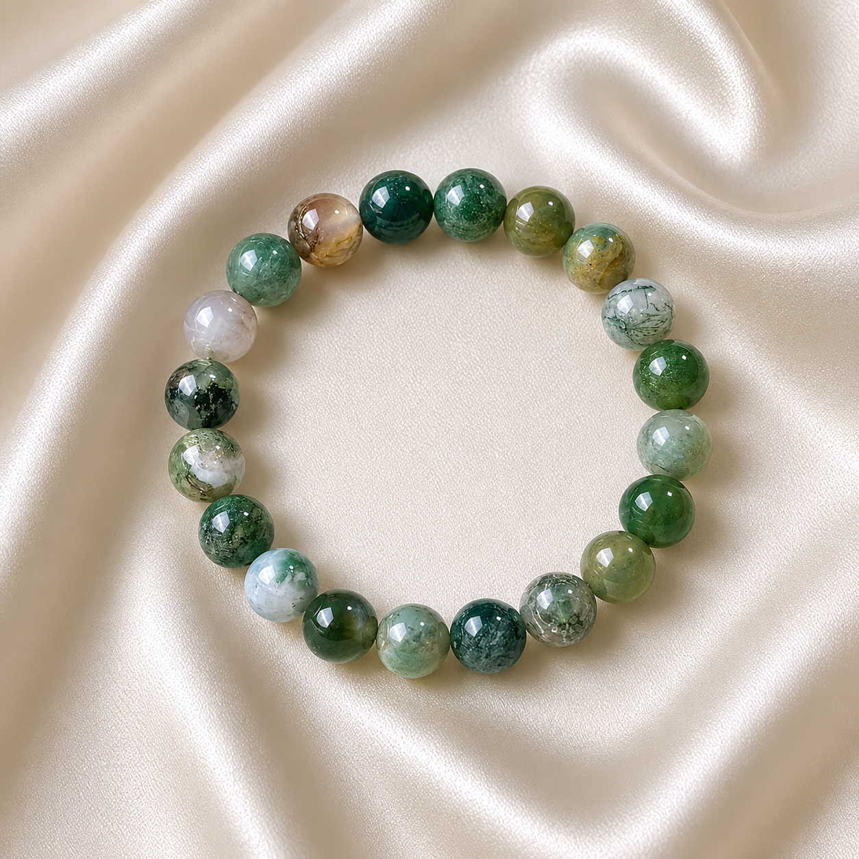 Moss Agate Round Bead Bracelet
