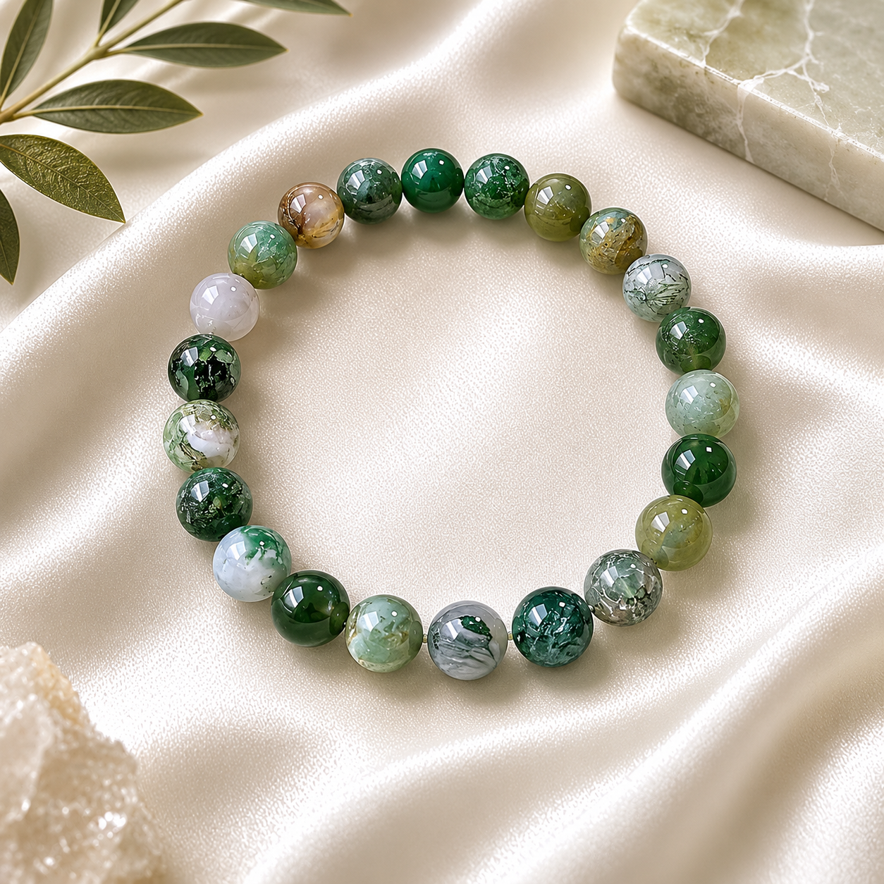 Moss Agate Round Bead Bracelet