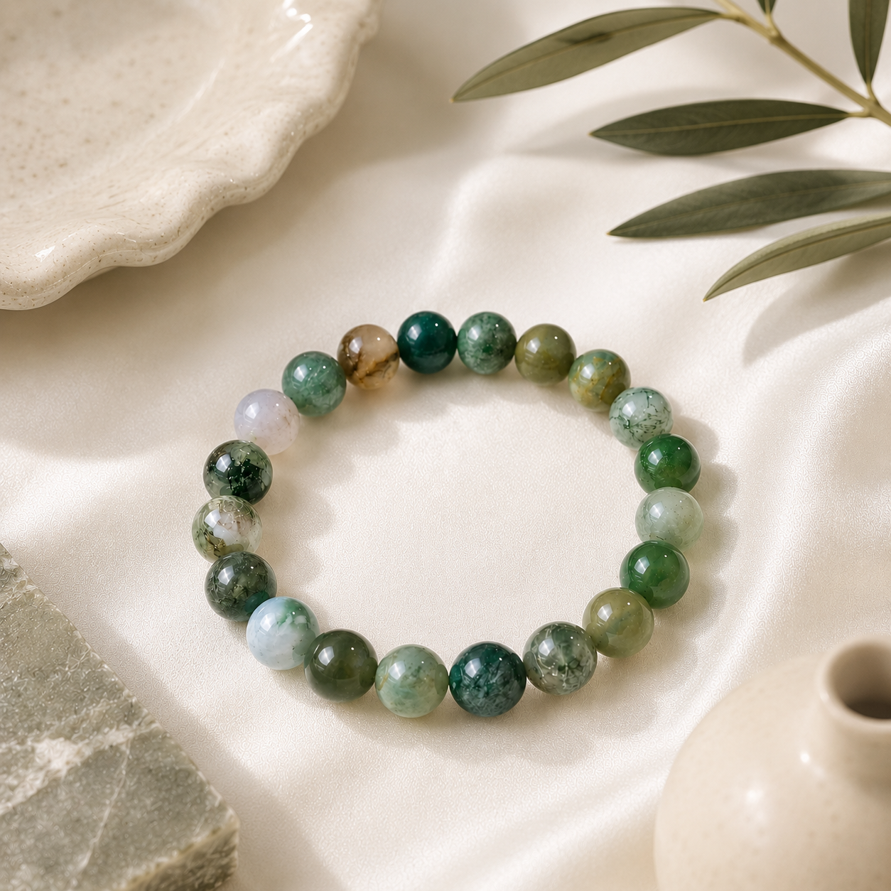 Moss Agate Round Bead Bracelet