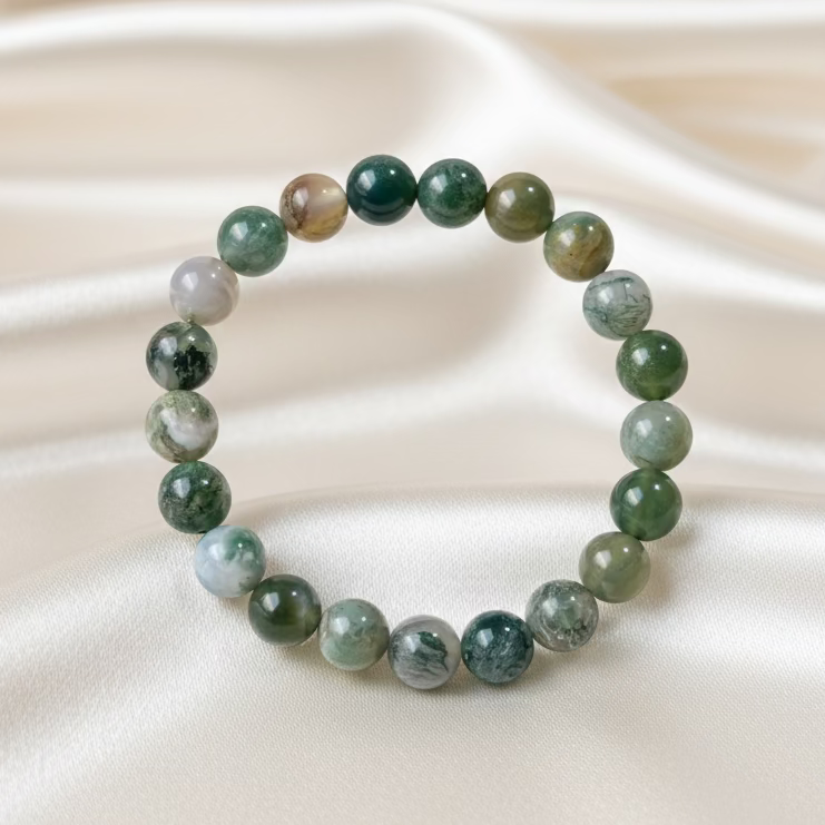 Moss Agate Round Bead Bracelet