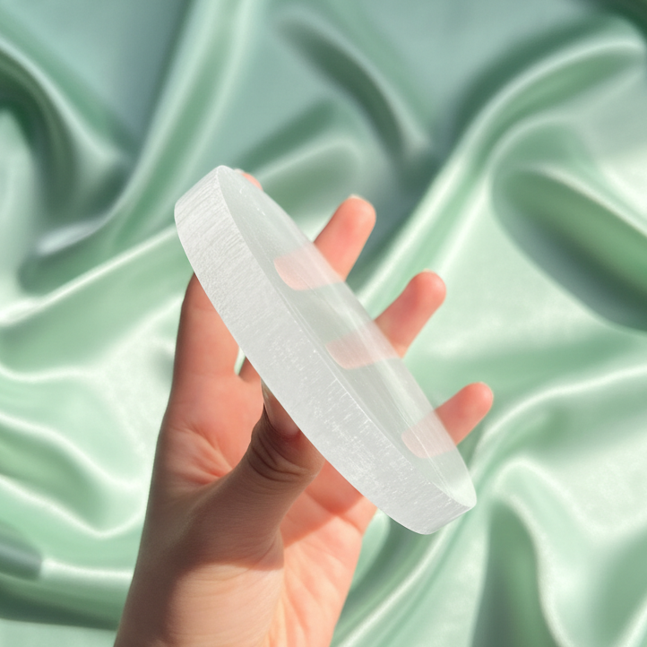 Selenite Round Plate for Cleansing and Charging (4 inch)