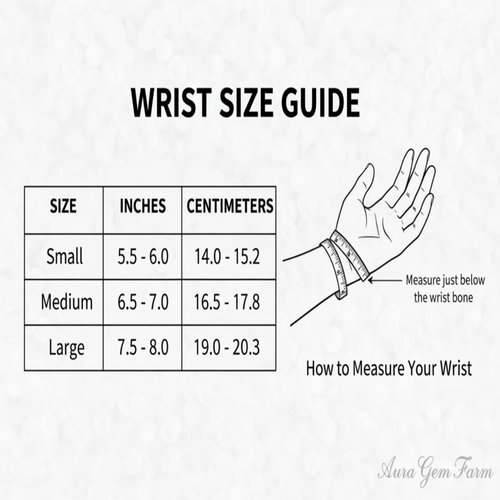 standard wrist size chart. sizes are small, medium and large. also show the correct way to measure the wrist size. insert watermark" Aura Gem Farm'. Theme colors are pearl white and black.